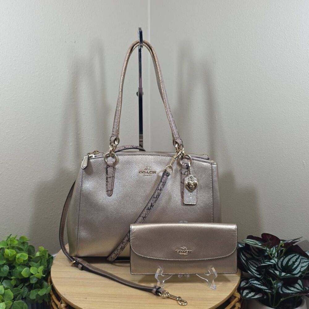Coach Christie Carryall in Metallic Leather with Exotic Trim and Matching Wallet